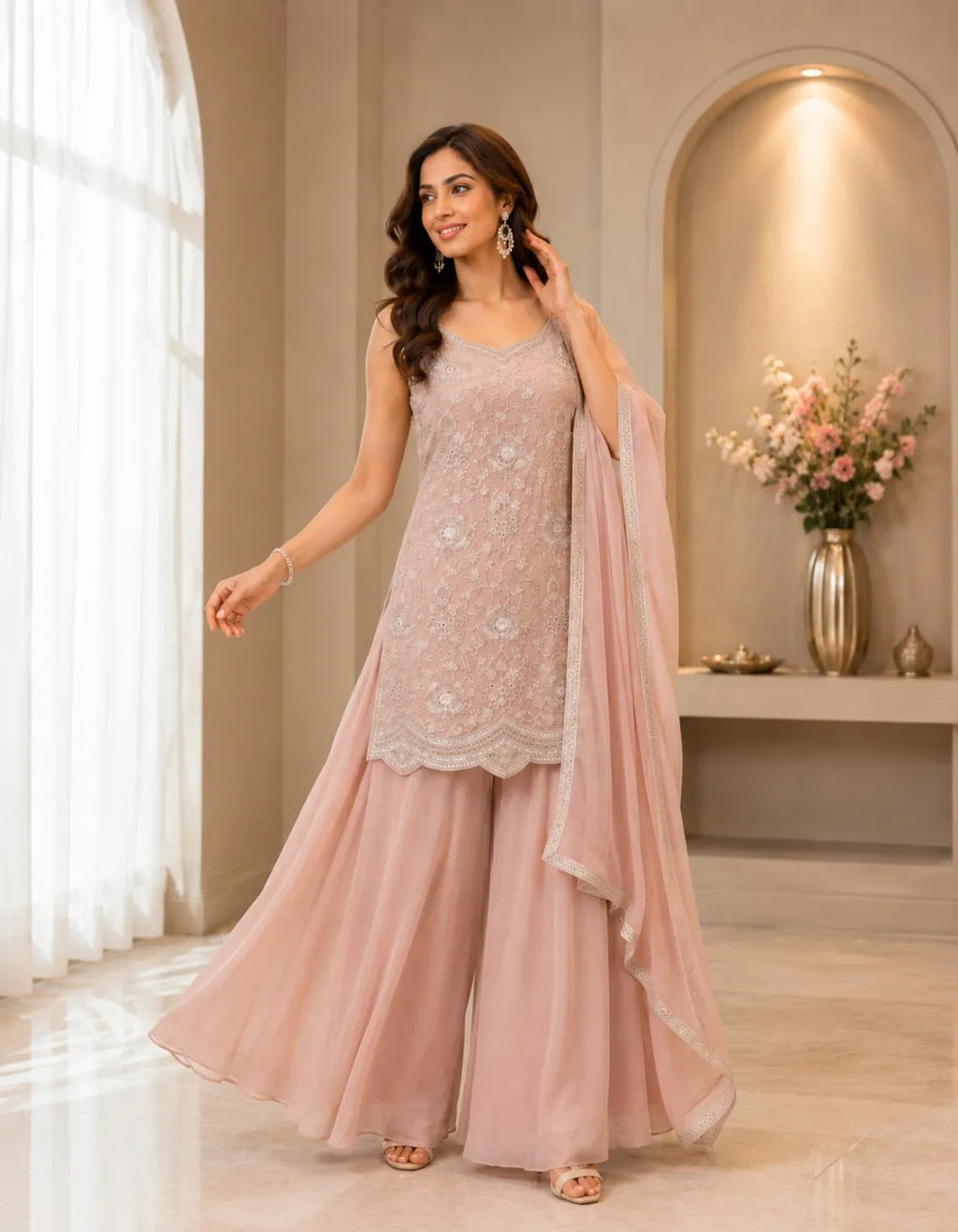 Embroidered Short Kurti Palazzo Set With Dupatta