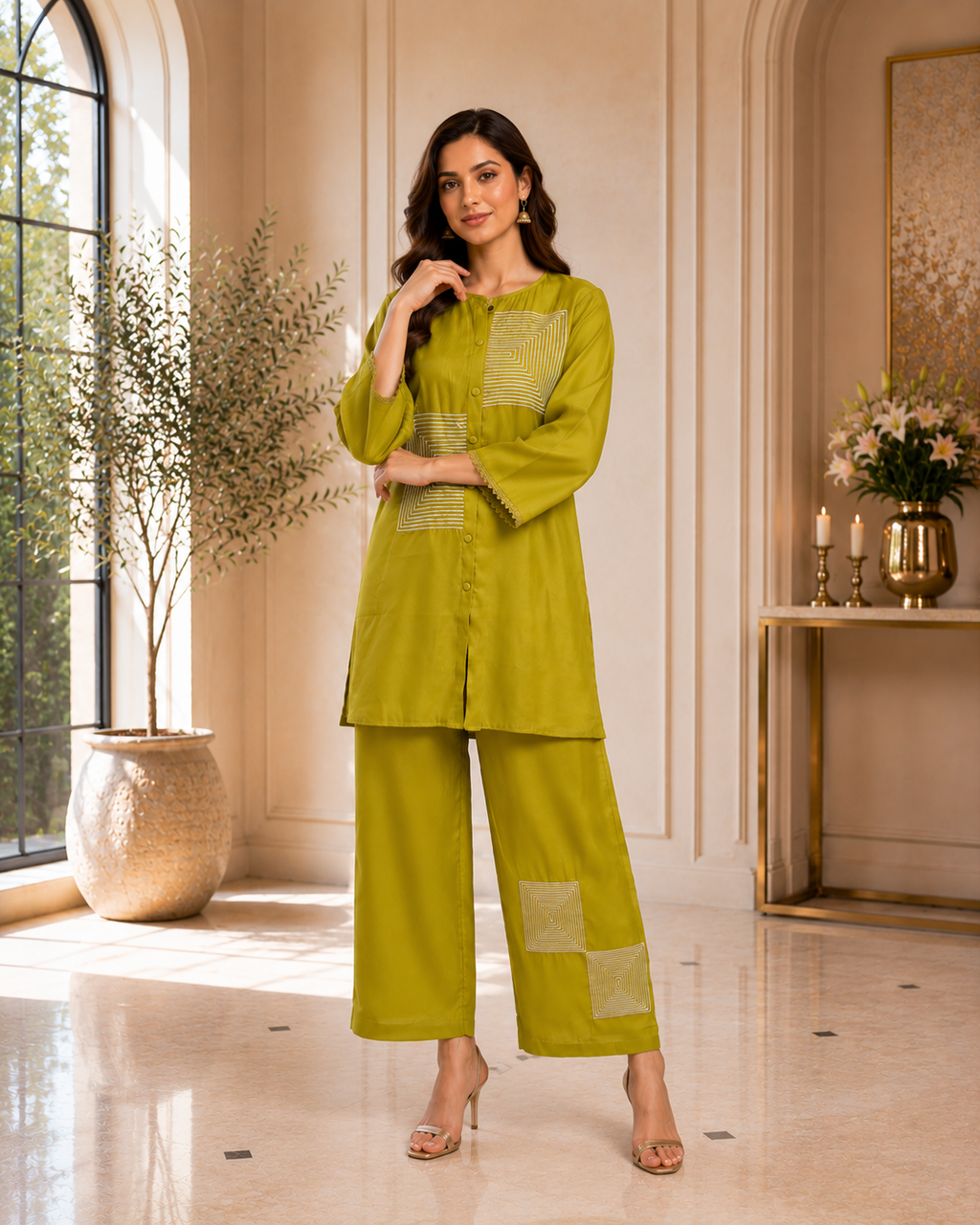 Olive Glow Geometric Co Ord Set