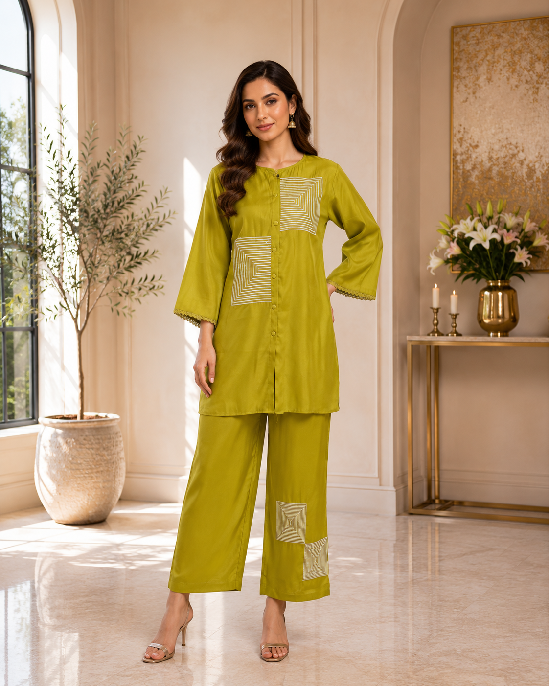 Olive Glow Geometric Co Ord Set