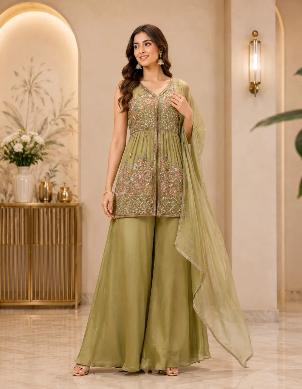 Floral Embroidered Front Slit Palazzo Set