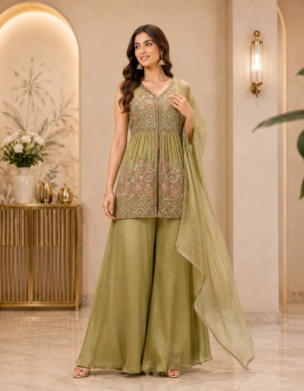 Floral Embroidered Front Slit Palazzo Set