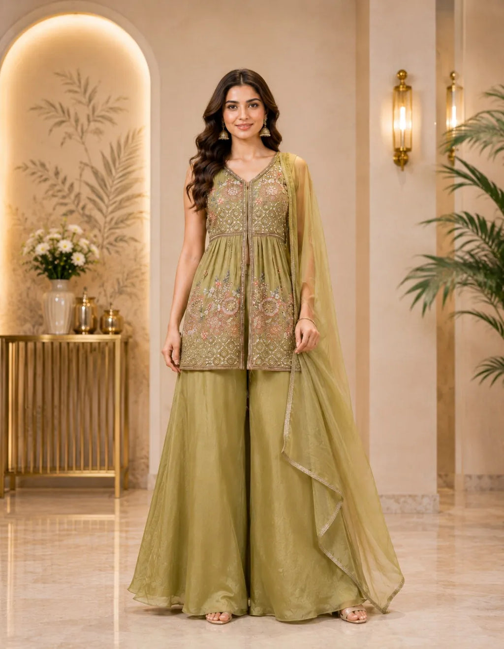 Floral Embroidered Front Slit Palazzo Set