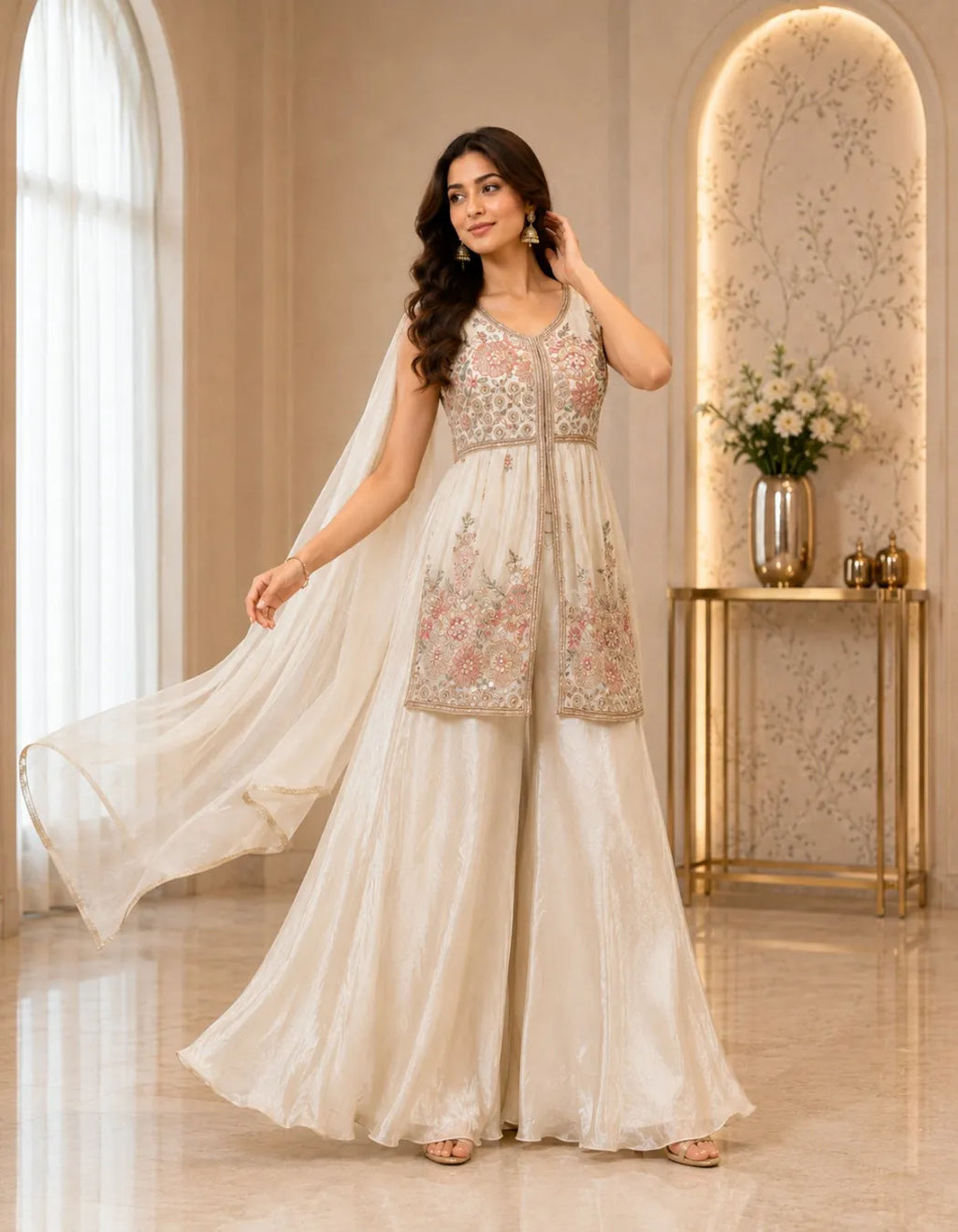 Floral Embroidered Front Slit Palazzo Set