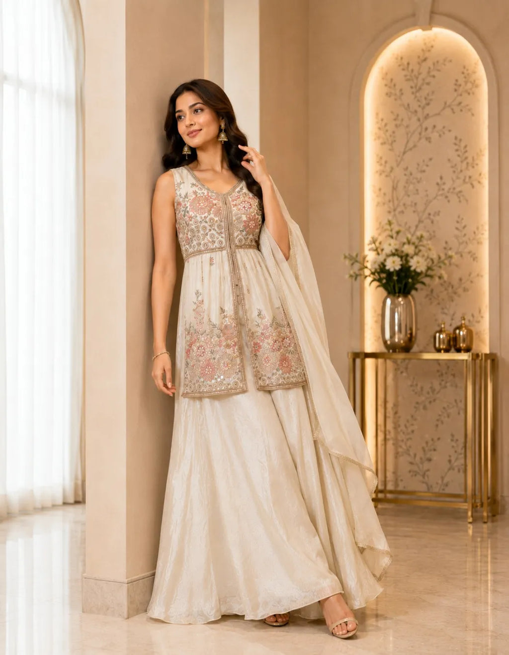 Floral Embroidered Front Slit Palazzo Set