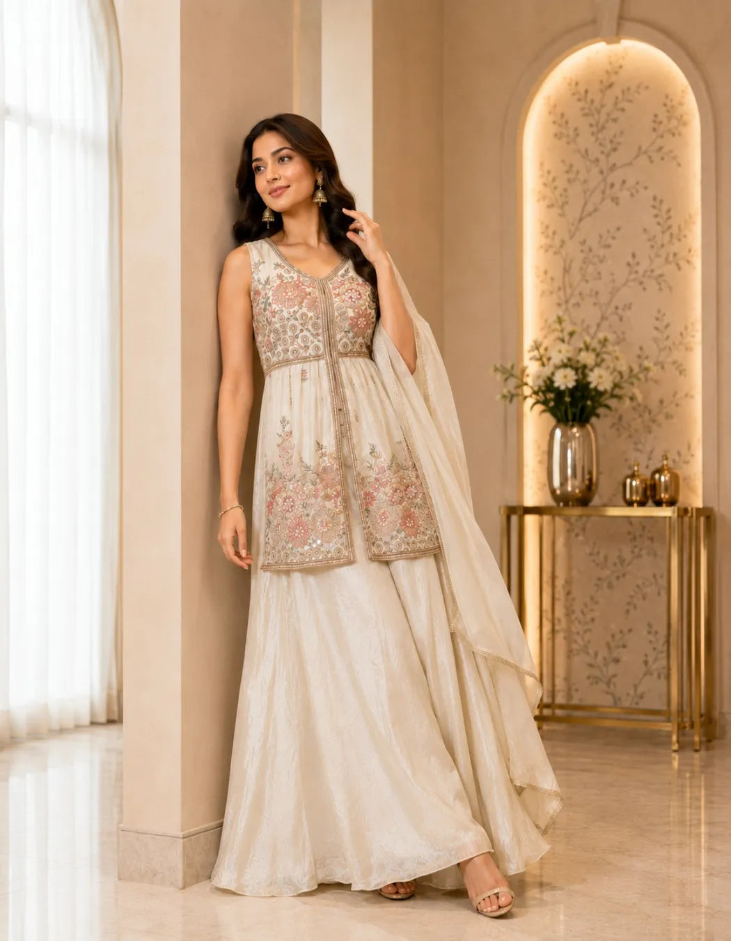 Floral Embroidered Front Slit Palazzo Set
