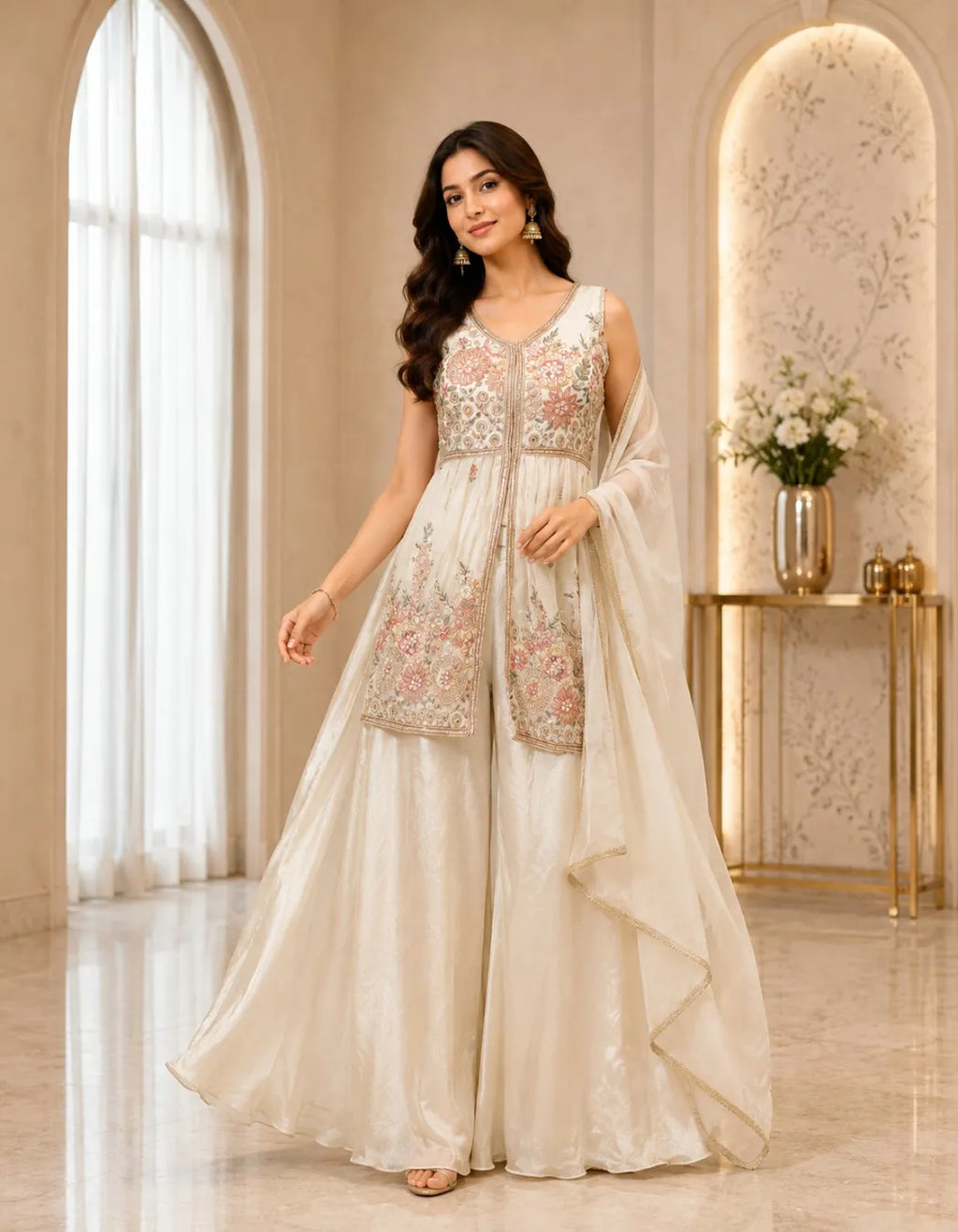 Floral Embroidered Front Slit Palazzo Set