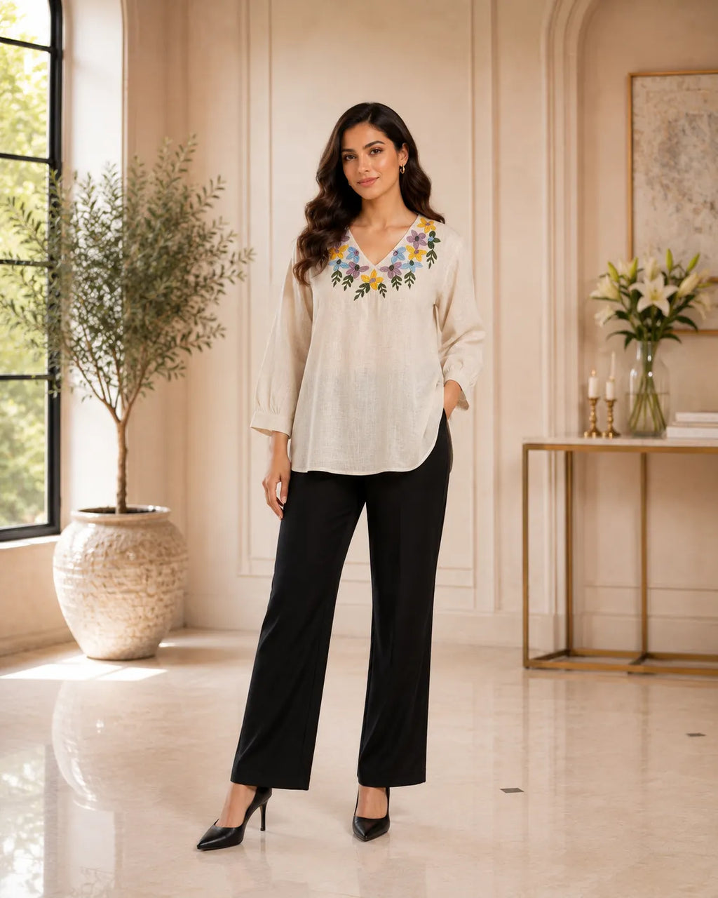 Floral Embroidered Linen Blend Top