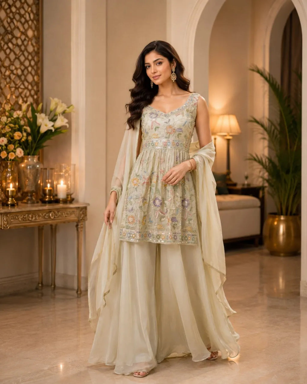 Floral Embroidered Peplum Palazzo Set