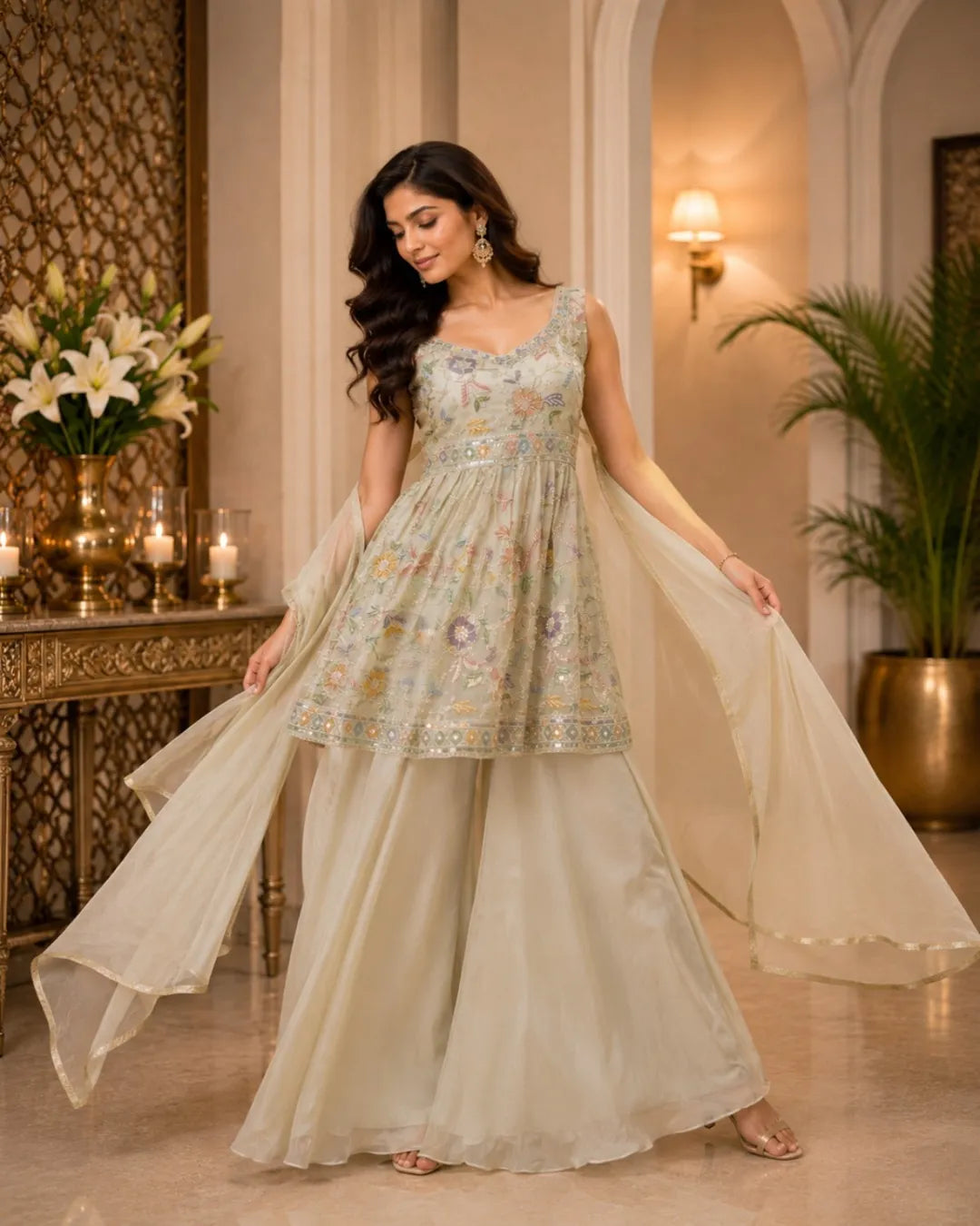 Floral Embroidered Peplum Palazzo Set