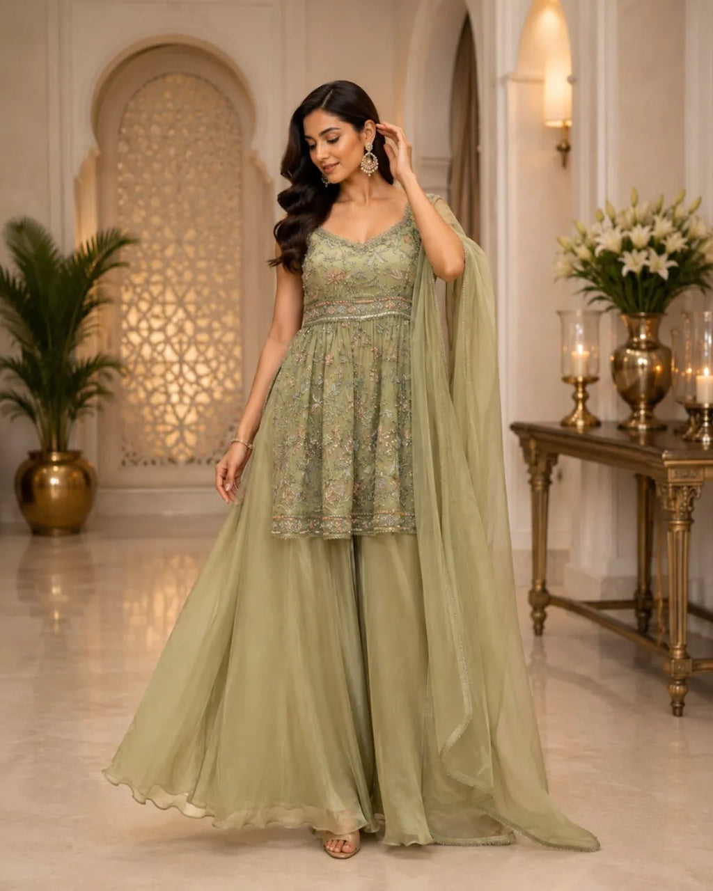Floral Embroidered Peplum Palazzo Set