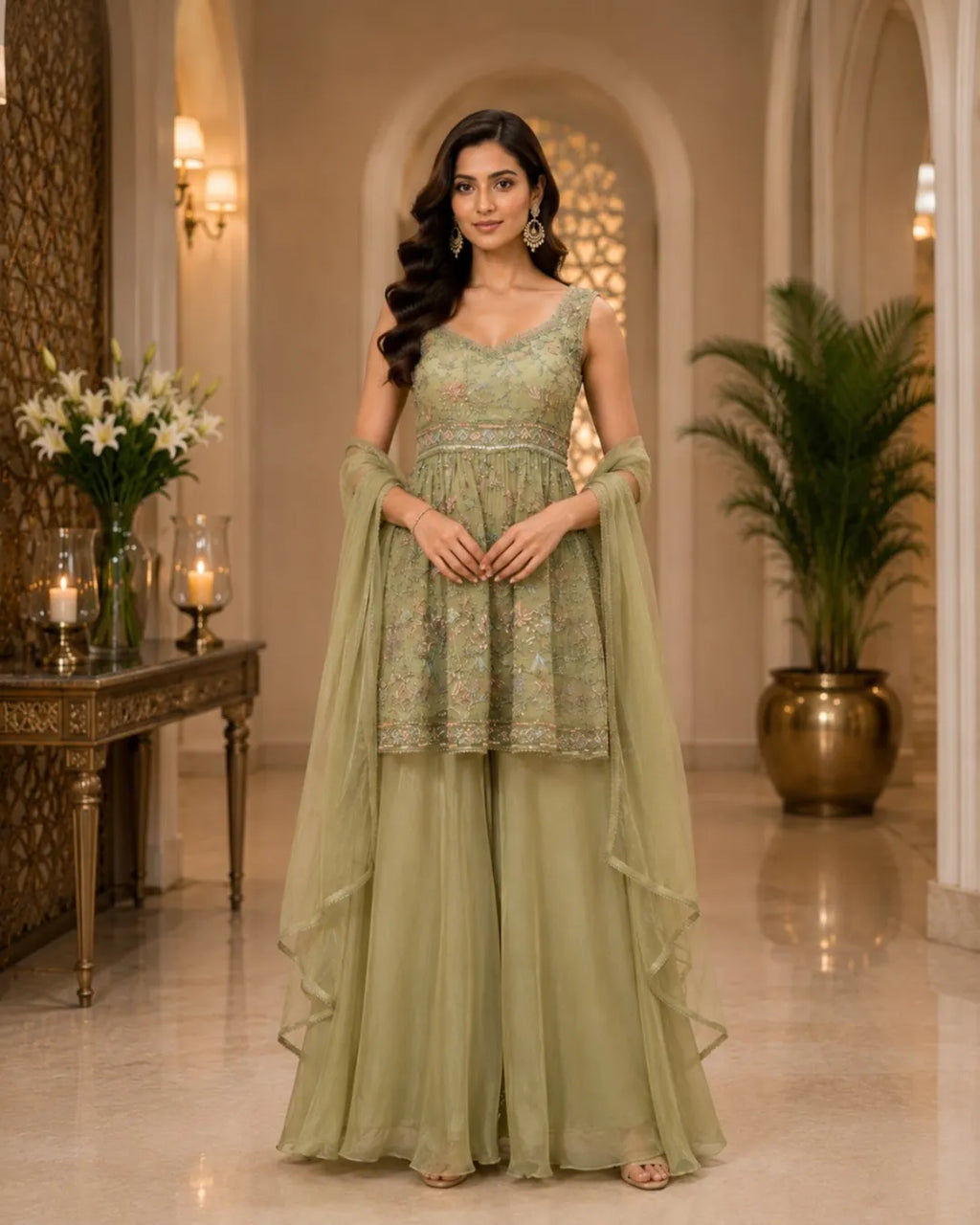 Floral Embroidered Peplum Palazzo Set