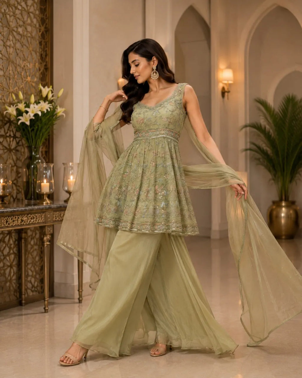 Floral Embroidered Peplum Palazzo Set