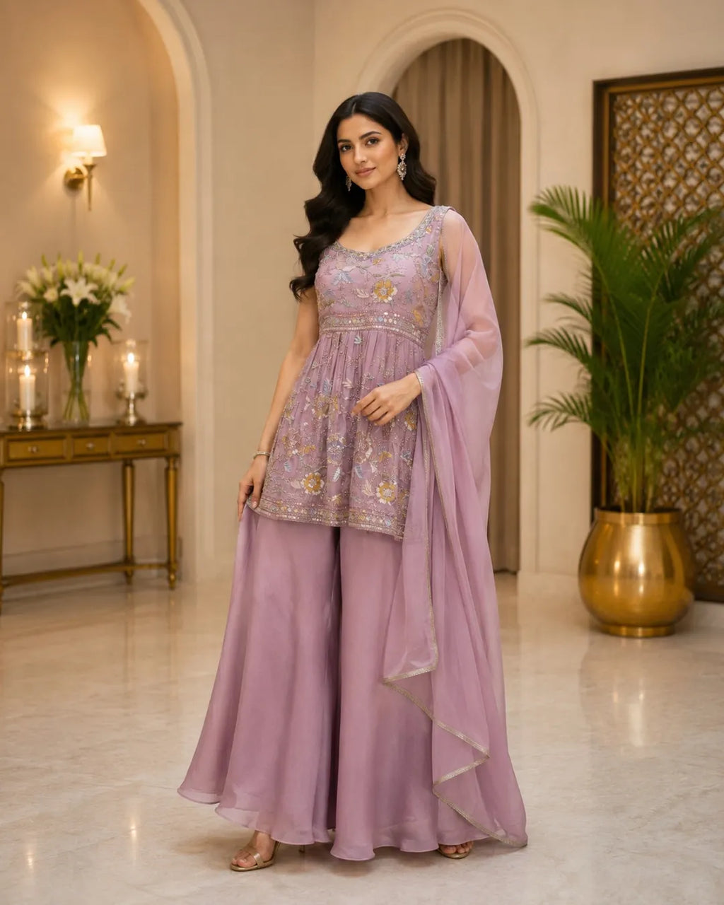 Floral Embroidered Peplum Palazzo Set
