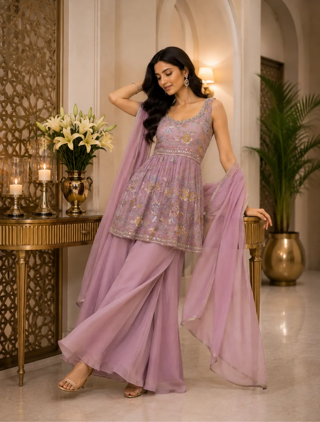 Floral Embroidered Peplum Palazzo Set