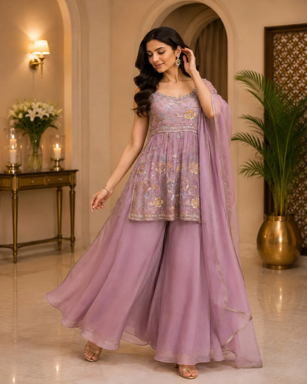 Floral Embroidered Peplum Palazzo Set