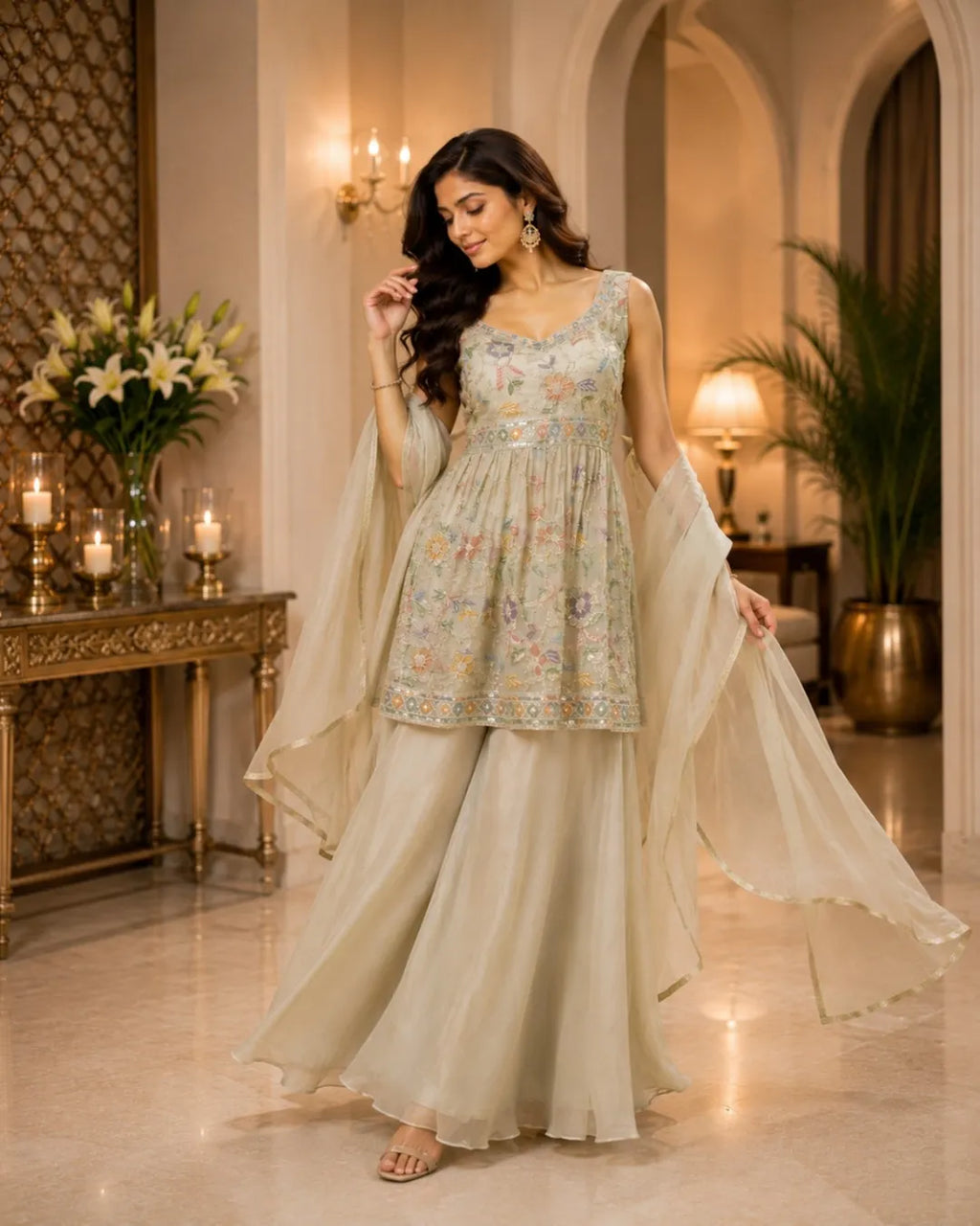 Floral Embroidered Peplum Palazzo Set