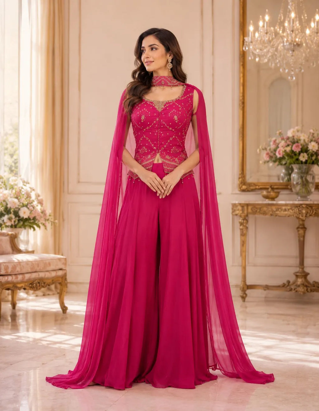 Fuchsia Embroidered Peplum Palazzo Set
