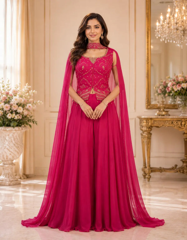 Fuchsia Embroidered Peplum Palazzo Set