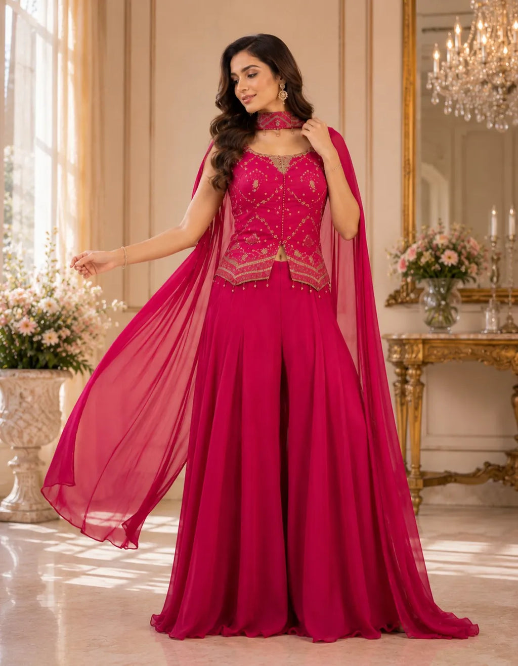 Fuchsia Embroidered Peplum Palazzo Set