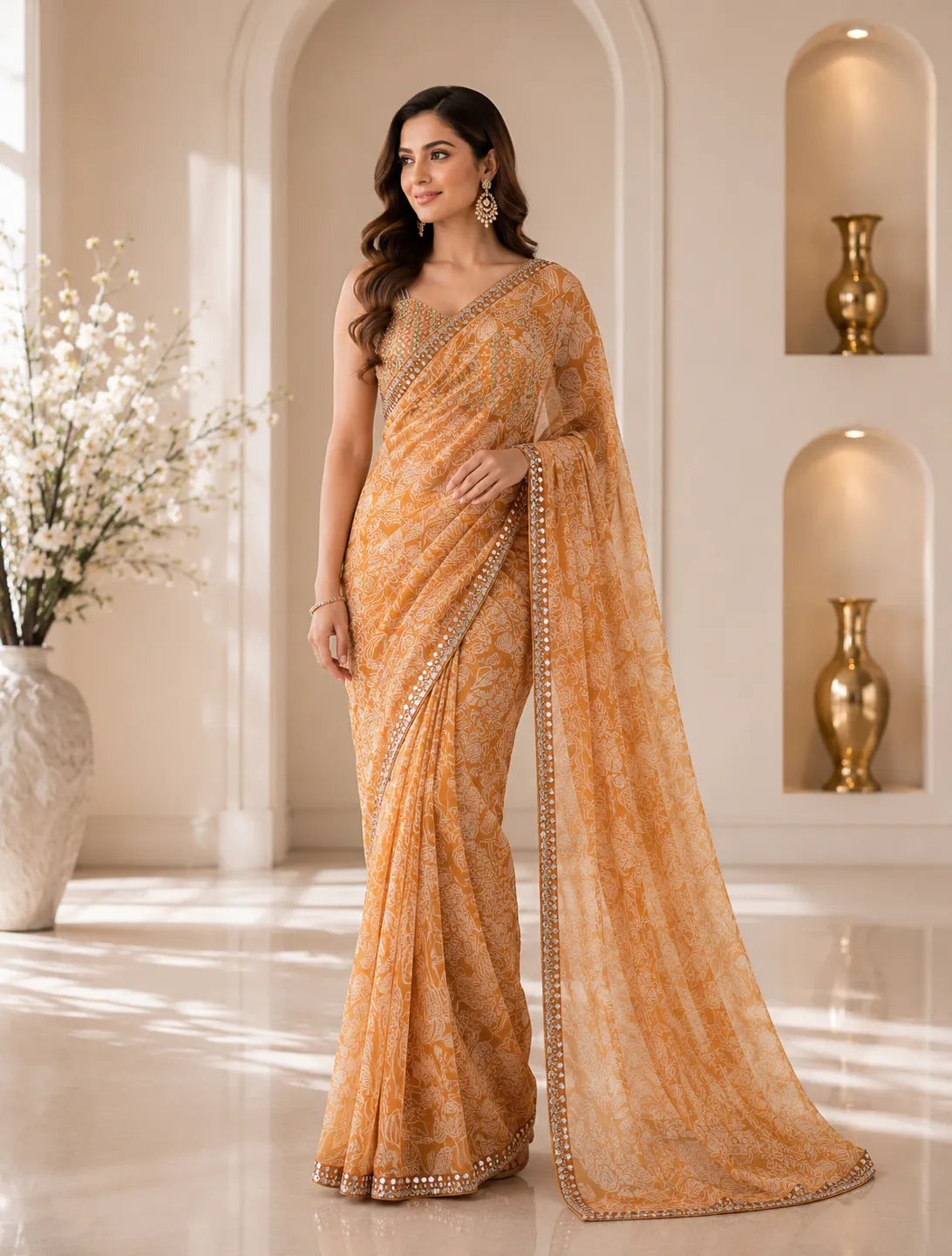 Golden Bloom Organza Saree