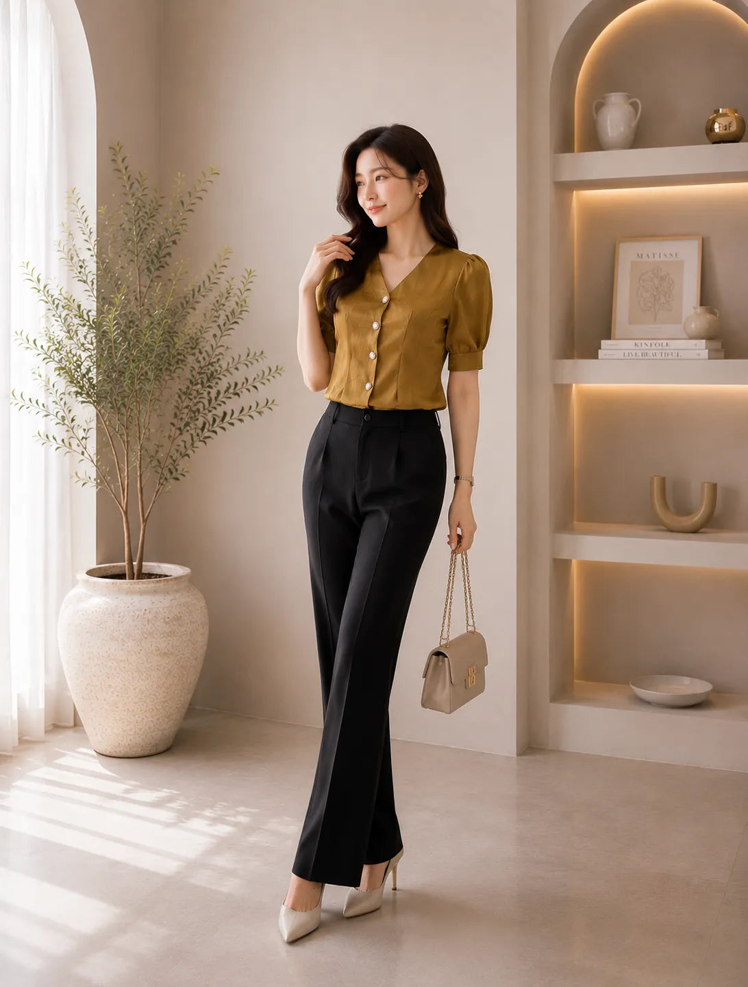 Golden Olive Satin Puff Sleeve Top