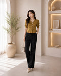 Golden Olive Satin Puff Sleeve Top