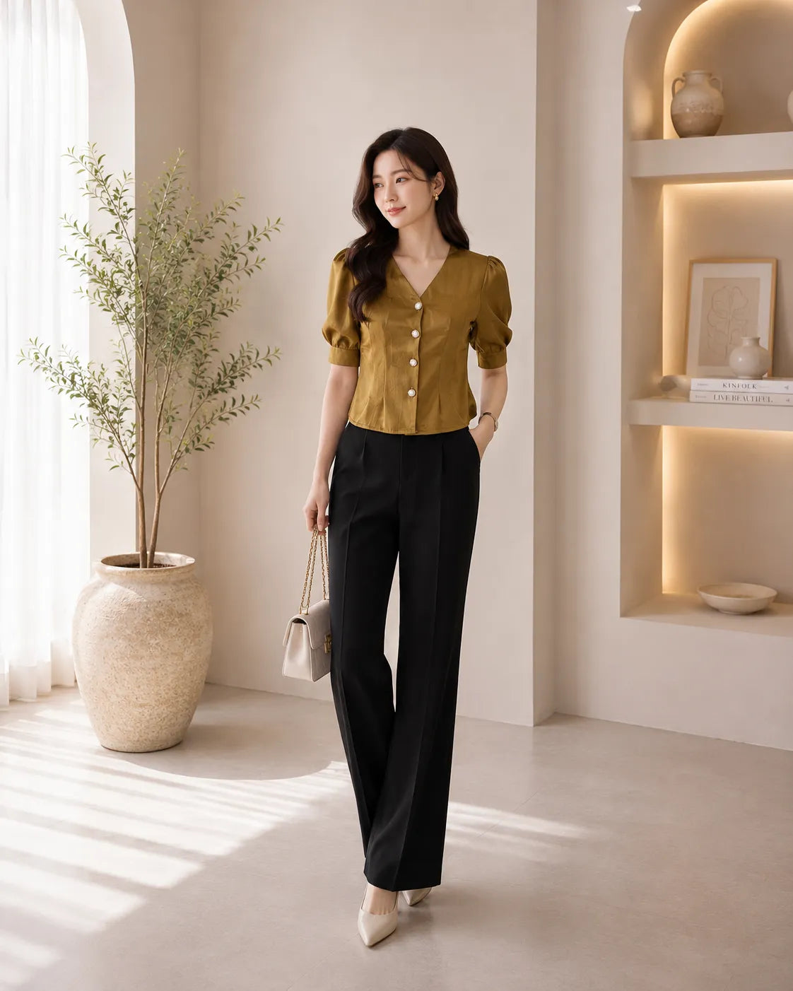 Golden Olive Satin Puff Sleeve Top