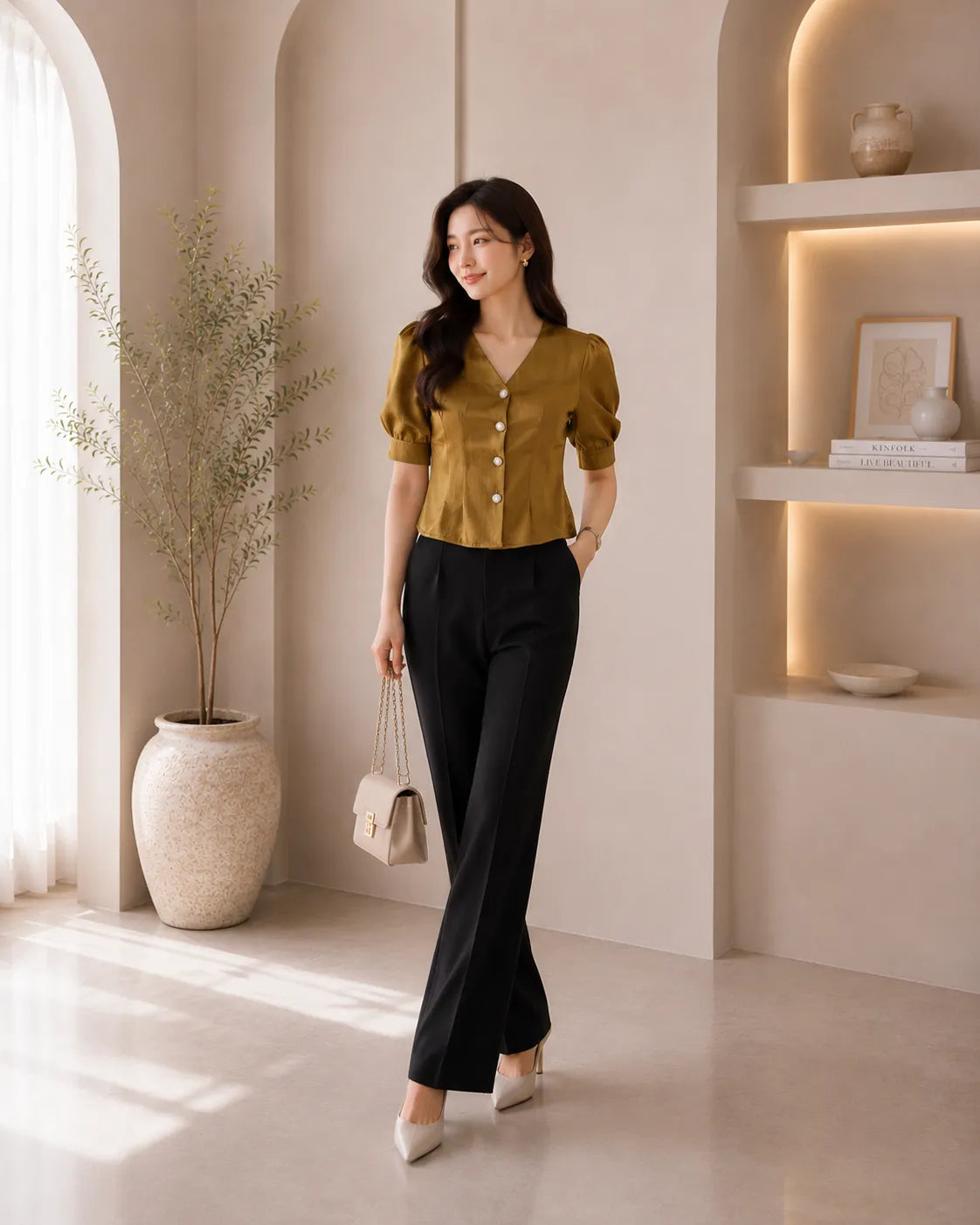 Golden Olive Satin Puff Sleeve Top