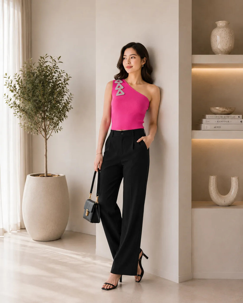 Hot Pink One Shoulder Glam Knit Top