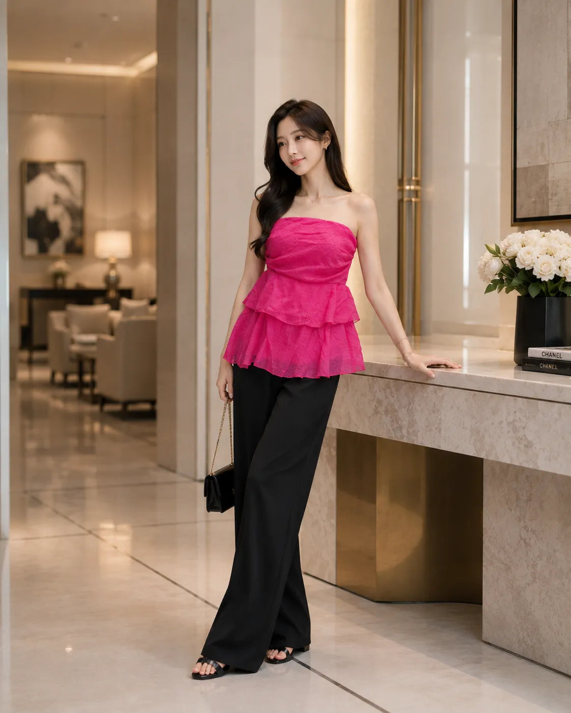 Hot Pink Ruffle Tube Peplum Top