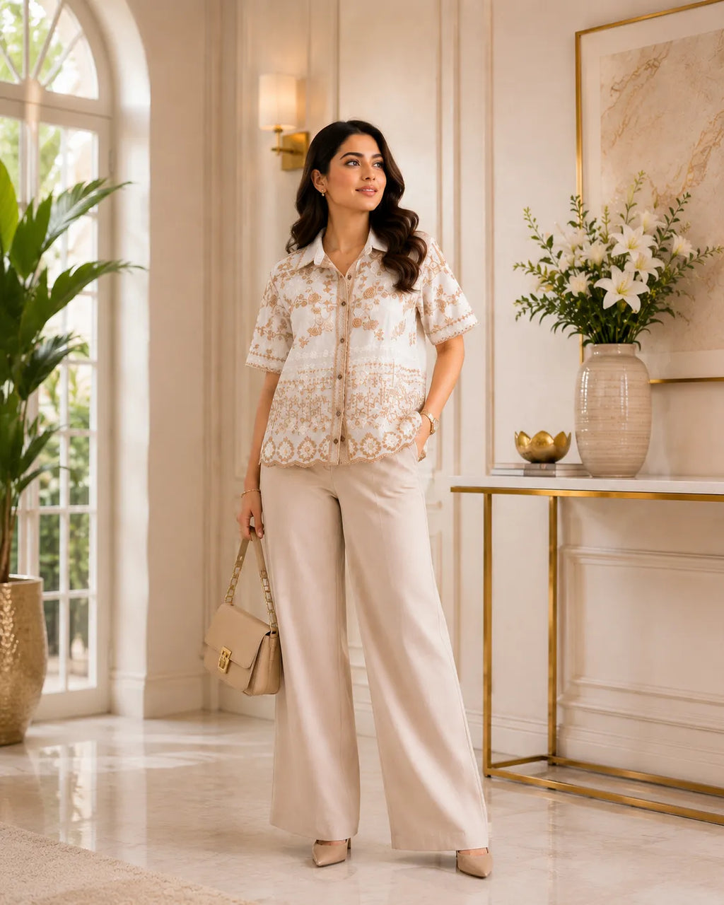 Ivory & Beige Emboidered Shirt