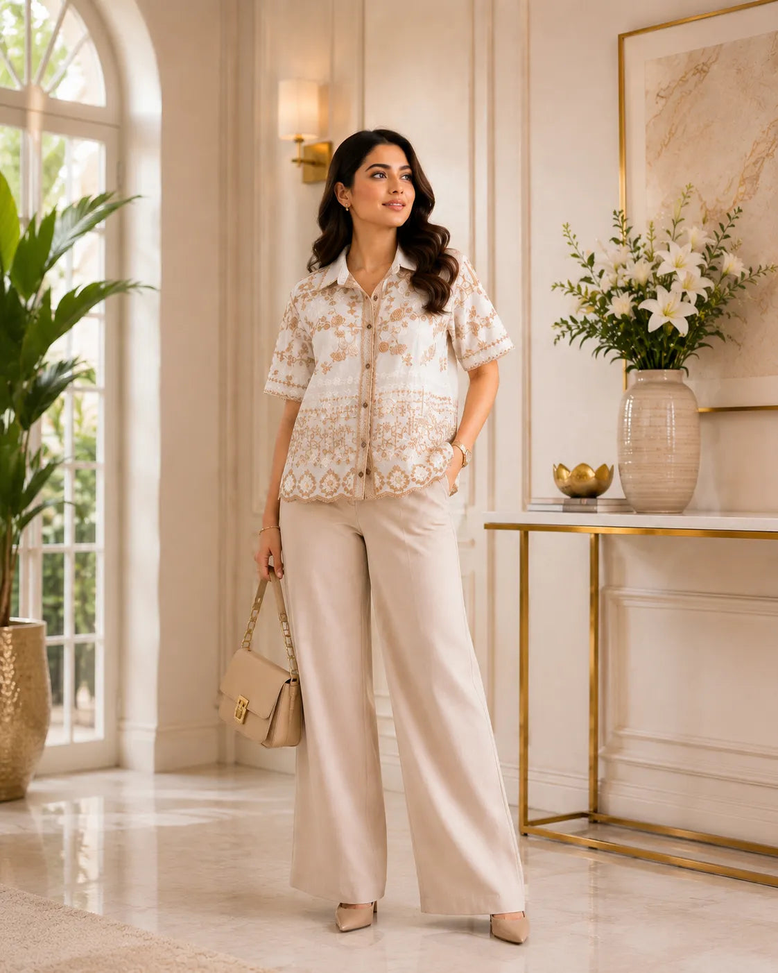 Ivory & Beige Emboidered Shirt