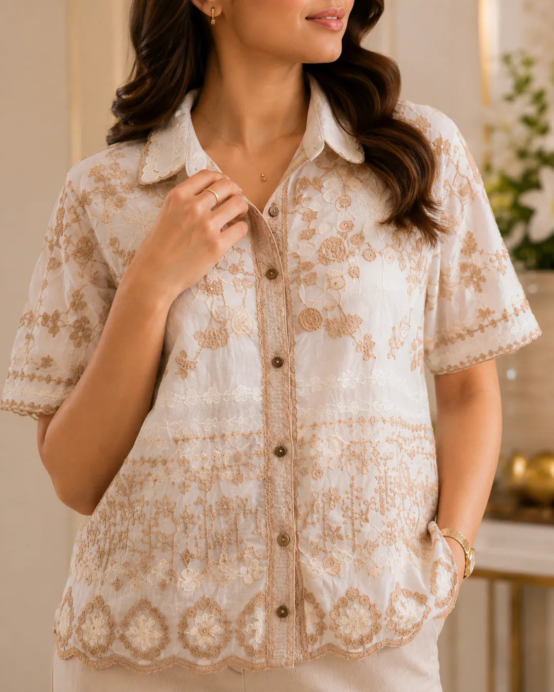 Ivory & Beige Emboidered Shirt