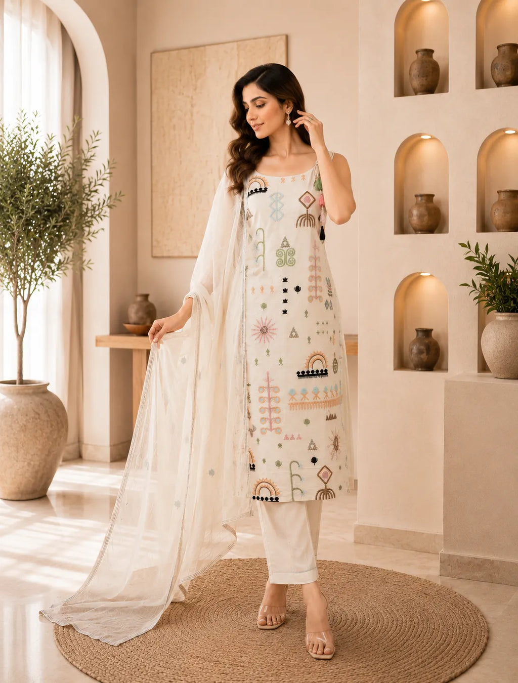 Ivory Boho Embroidered Suit Set