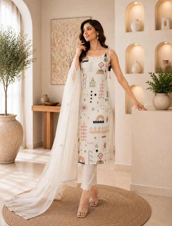 Ivory Boho Embroidered Suit Set