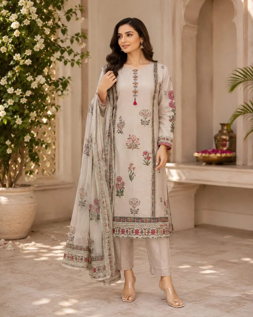 Ivory Floral Cotton Suit Set