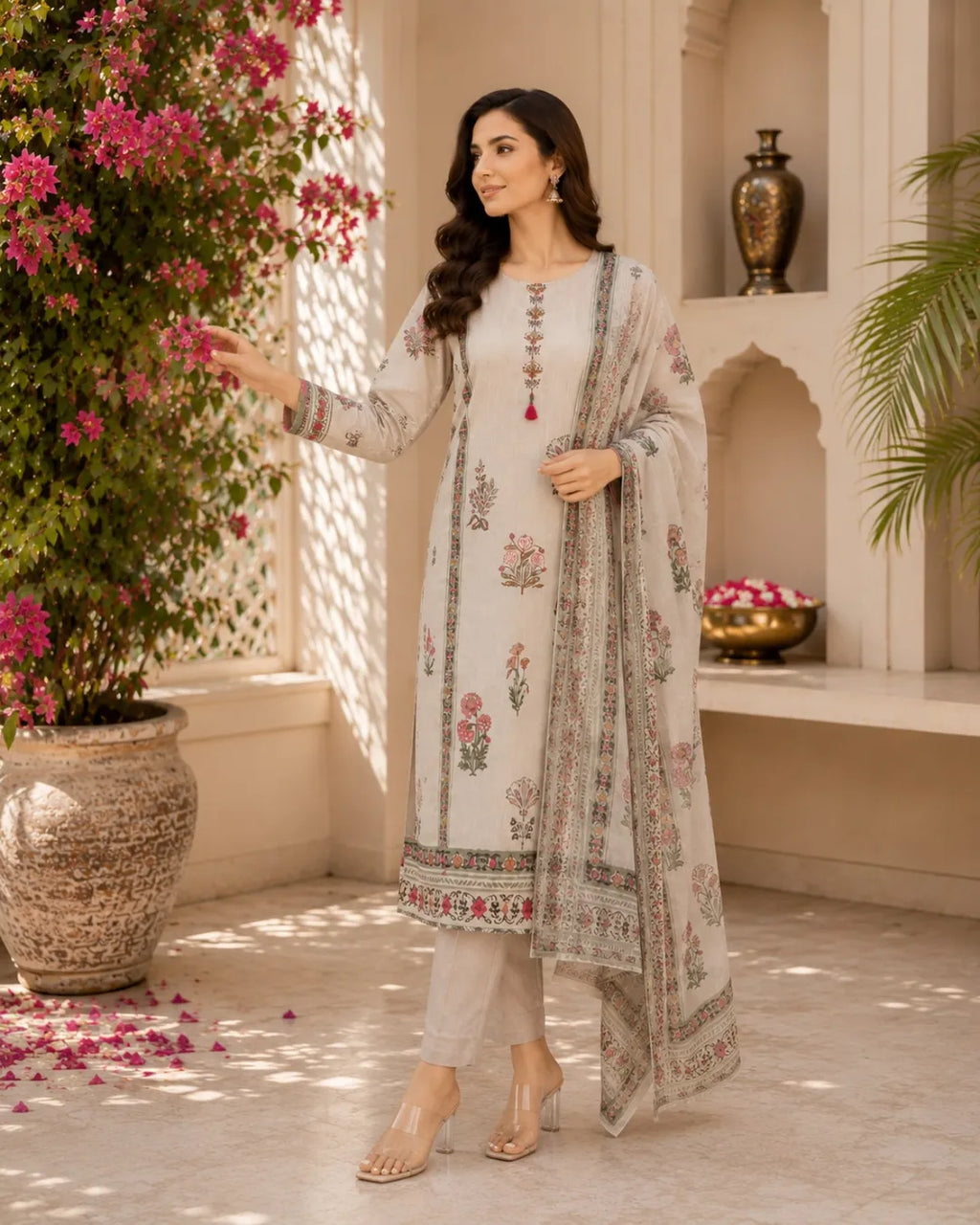 Ivory Floral Cotton Suit Set