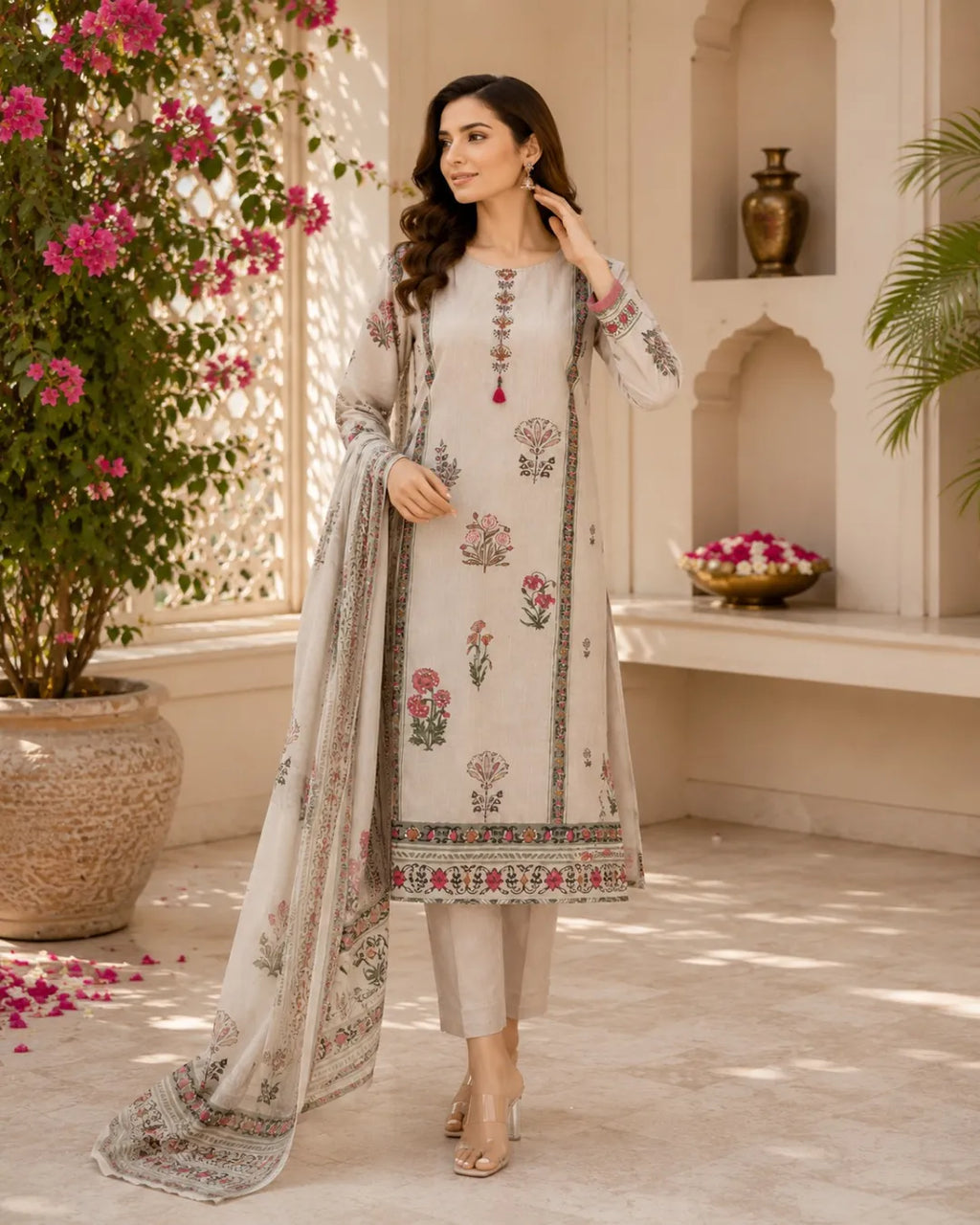 Ivory Floral Cotton Suit Set