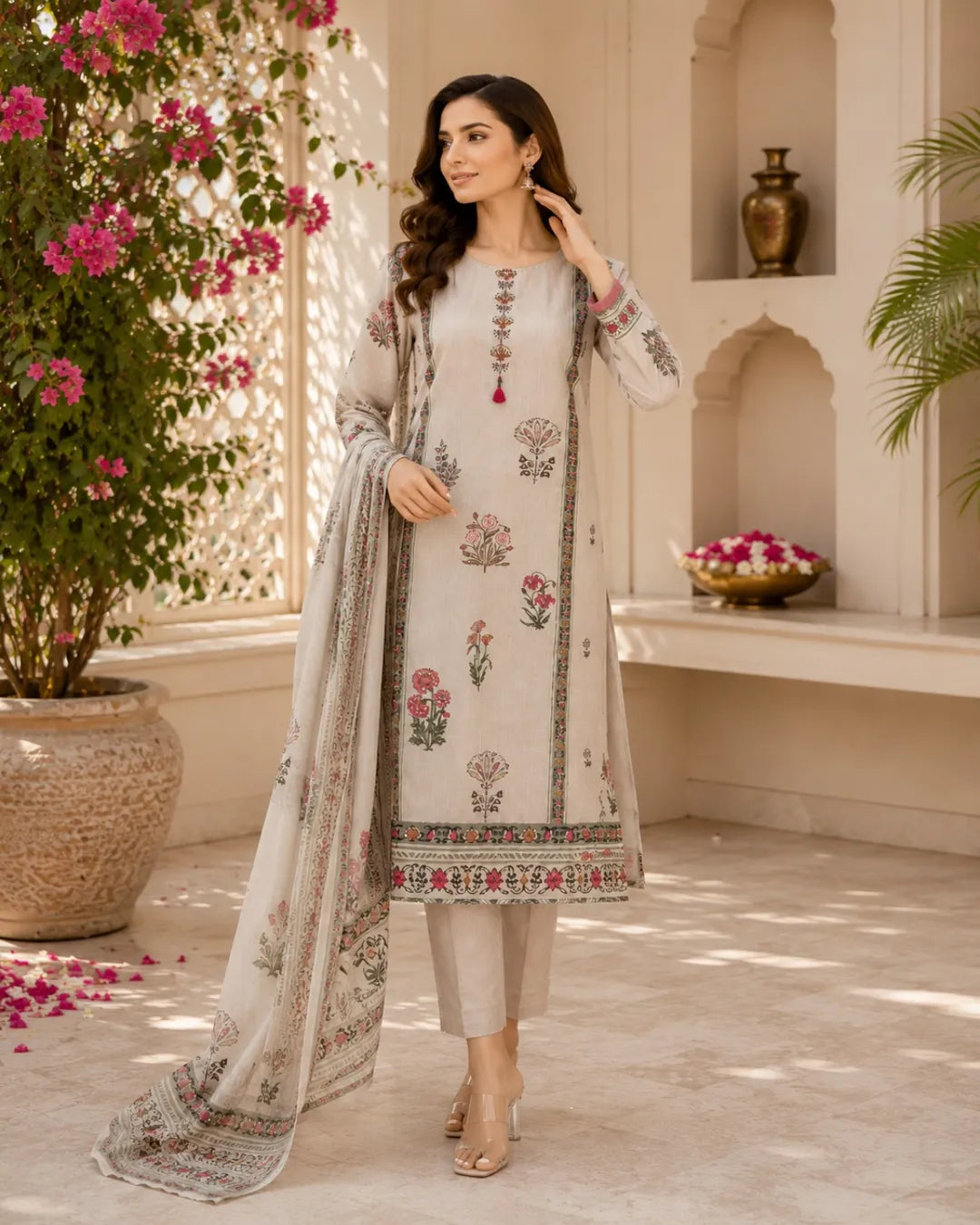 Ivory Floral Cotton Suit Set