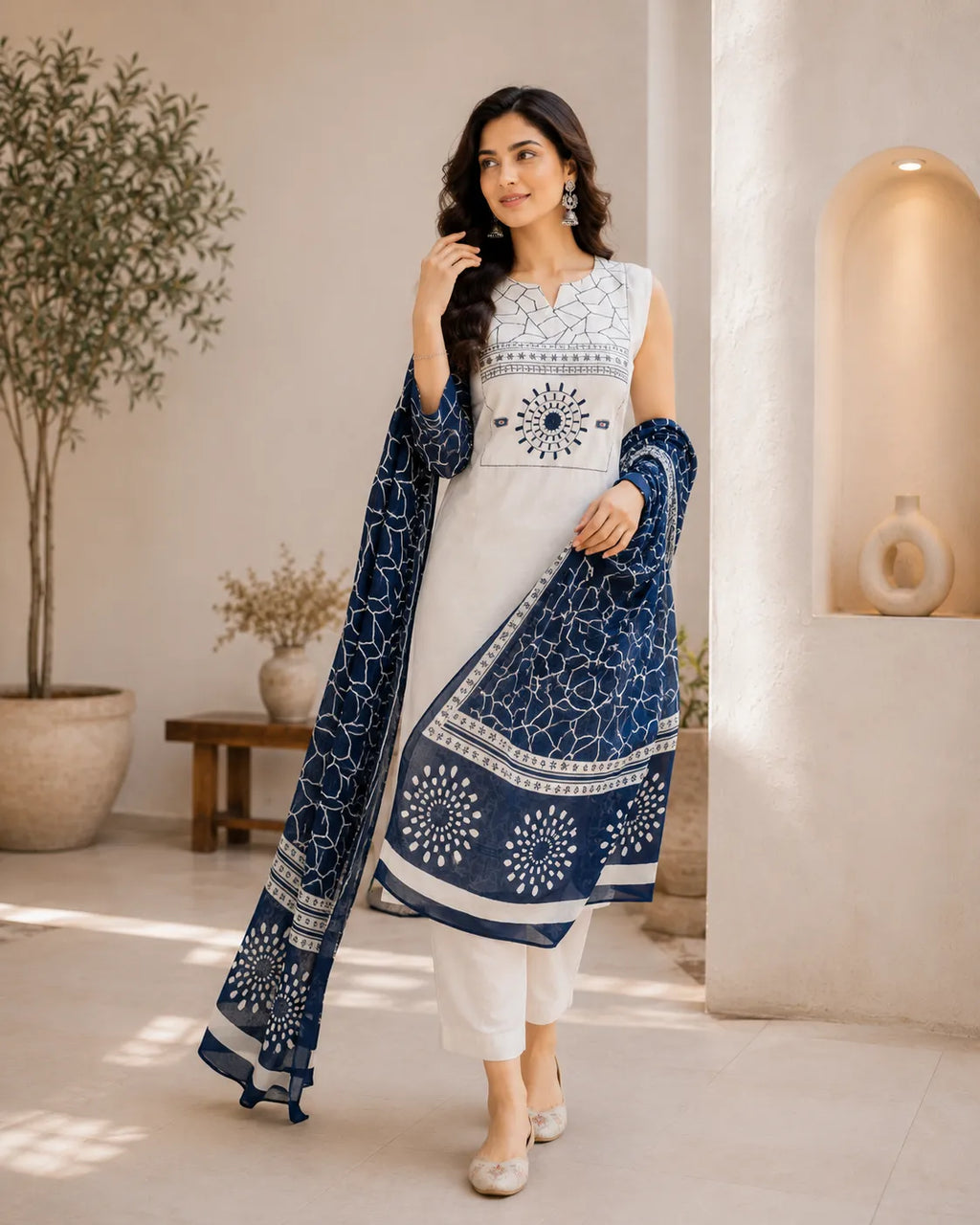 Ivory Indigo Cotton Suit Set