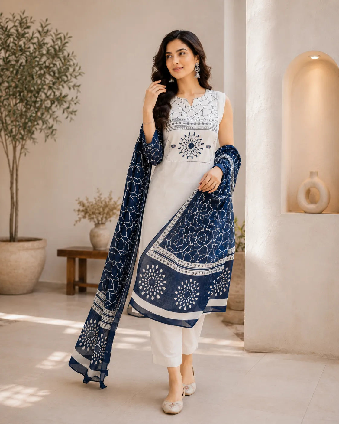 Ivory Indigo Cotton Suit Set