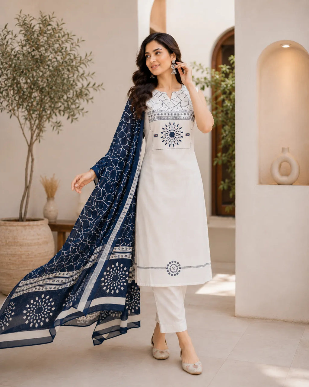 Ivory Indigo Cotton Suit Set