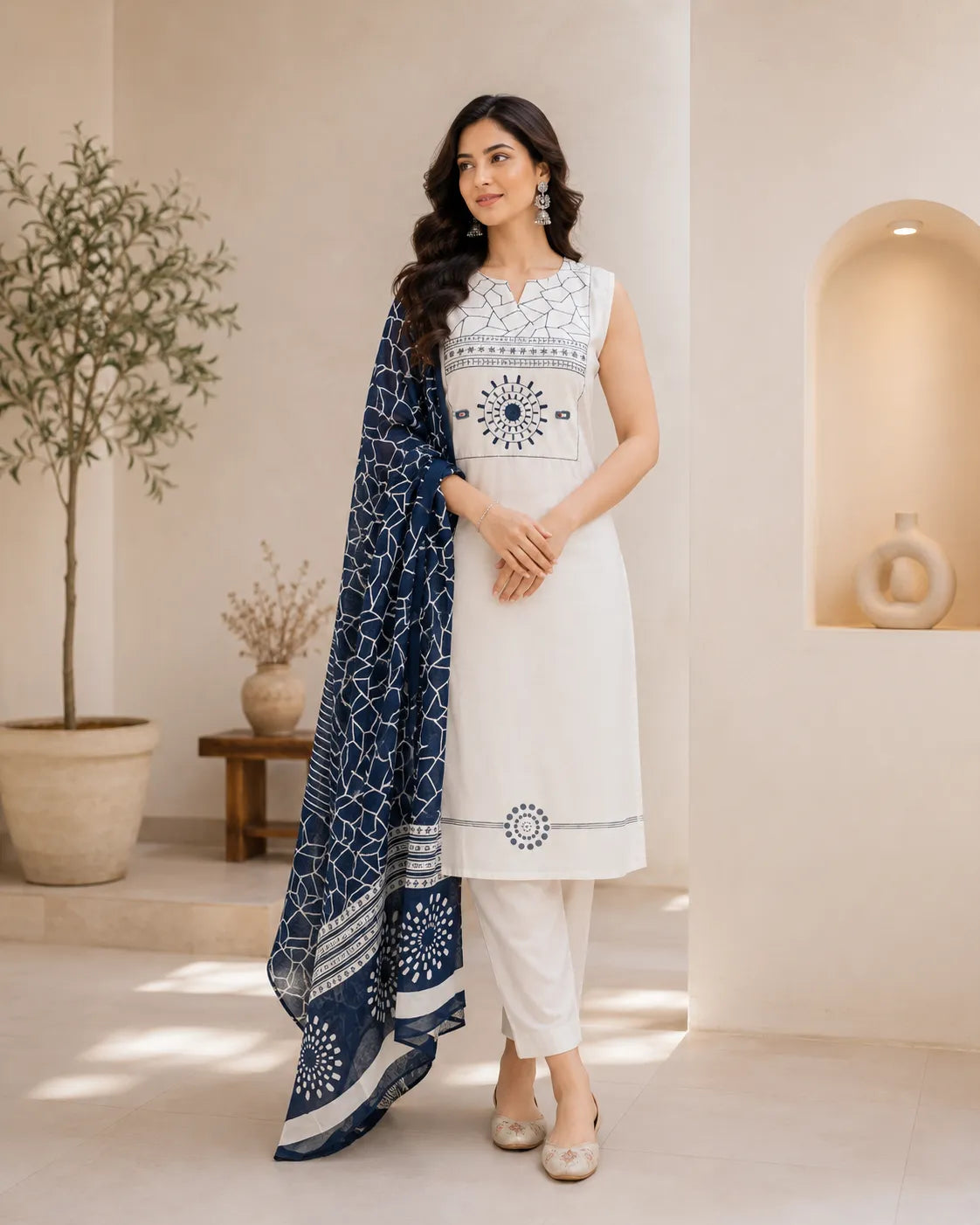 Ivory Indigo Cotton Suit Set