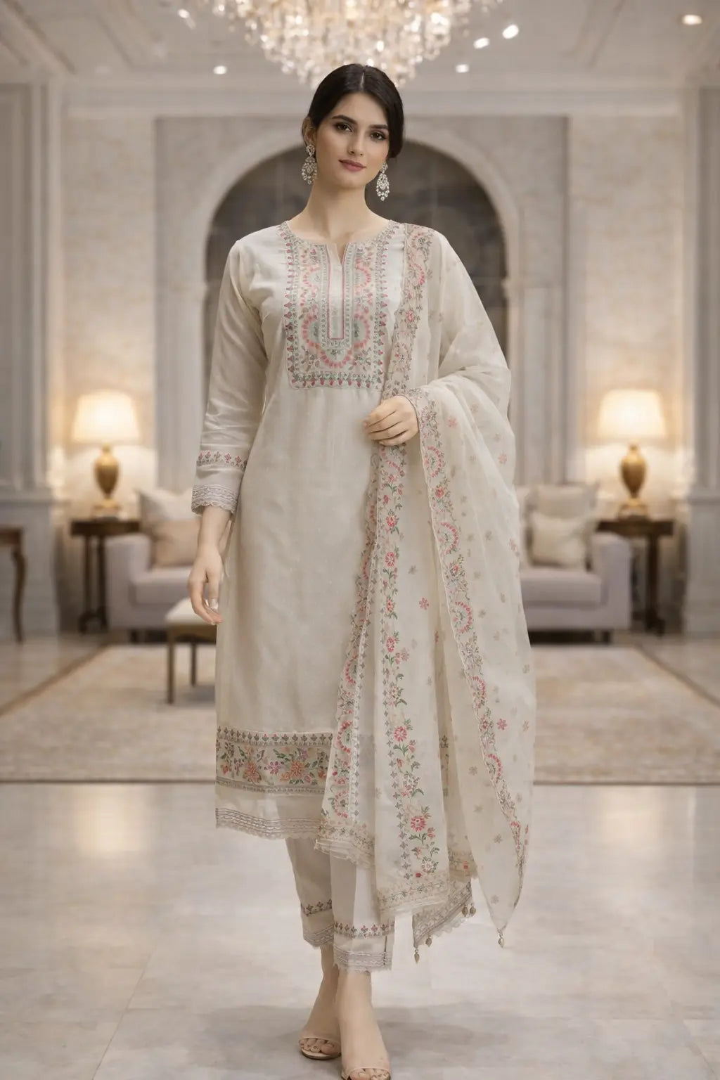 Ivory Pastel Embroidered Suit Set