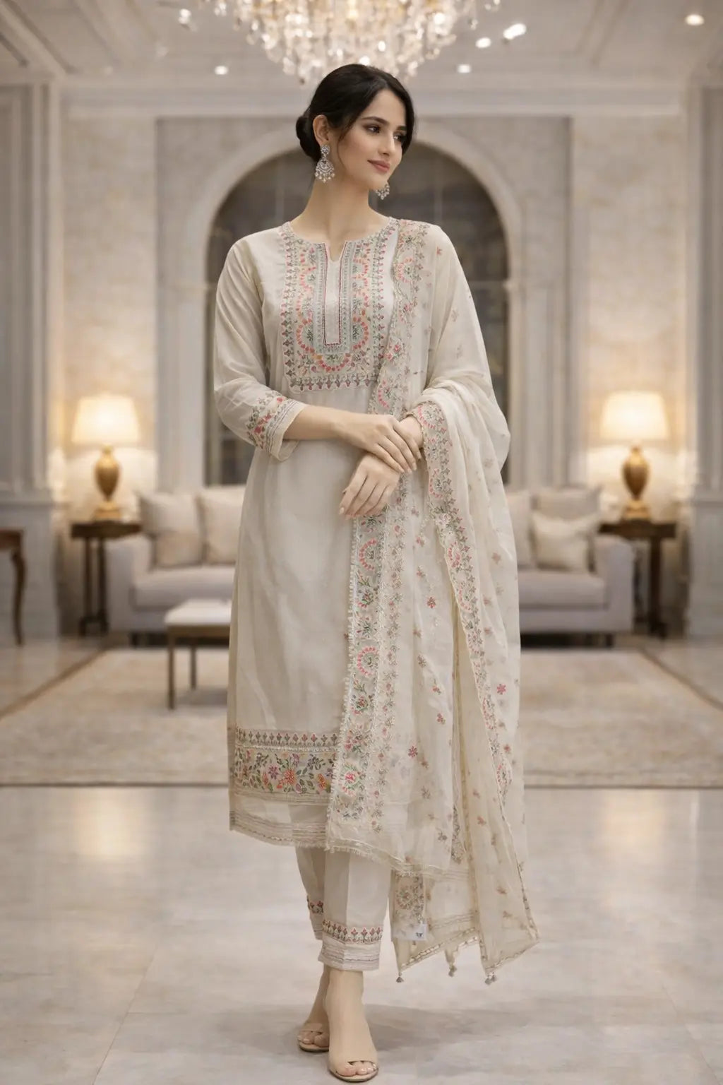 Ivory Pastel Embroidered Suit Set