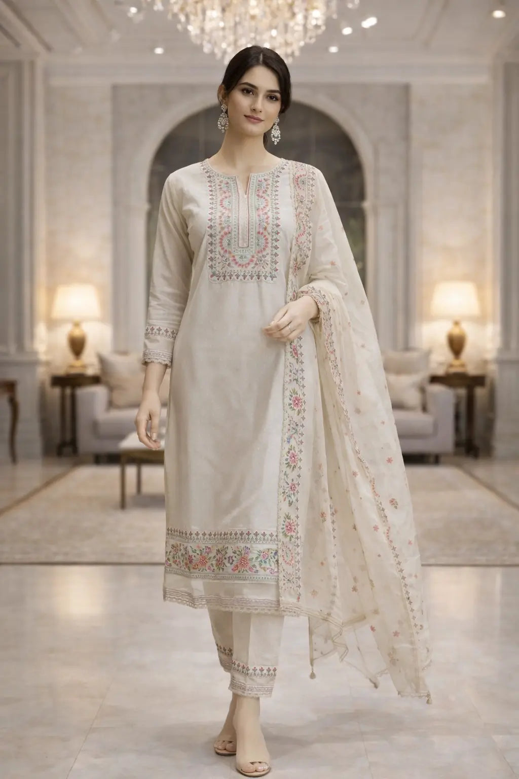 Ivory Pastel Embroidered Suit Set