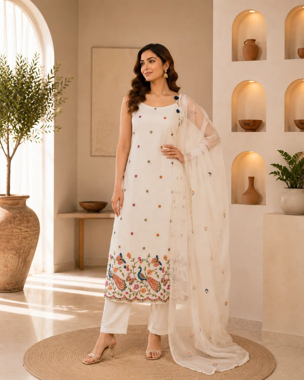 Ivory Peacock Embroidered Suit Set