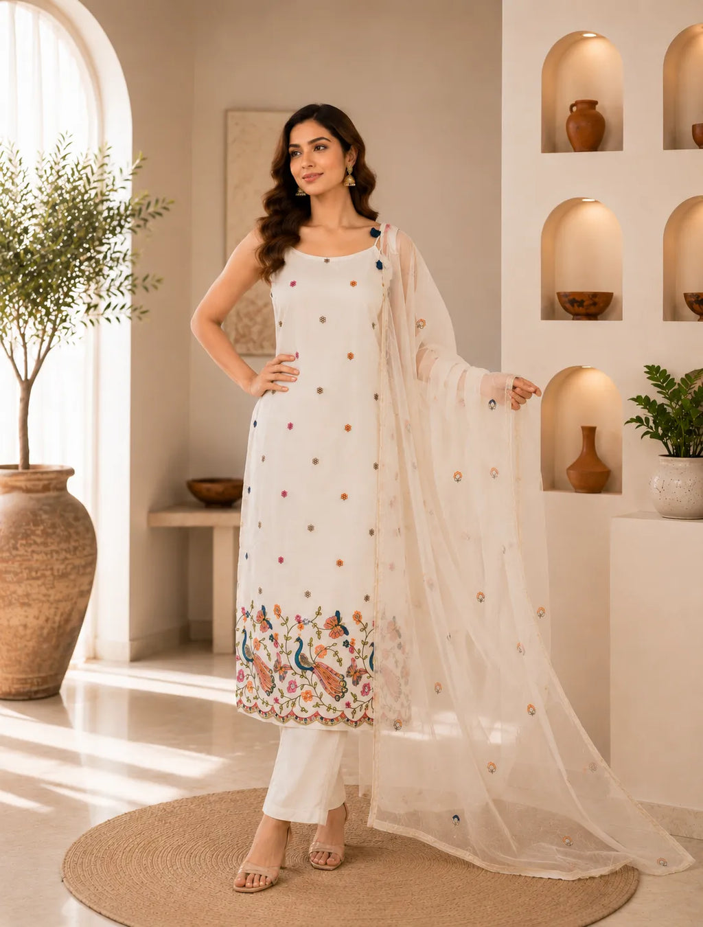 Ivory Peacock Embroidered Suit Set