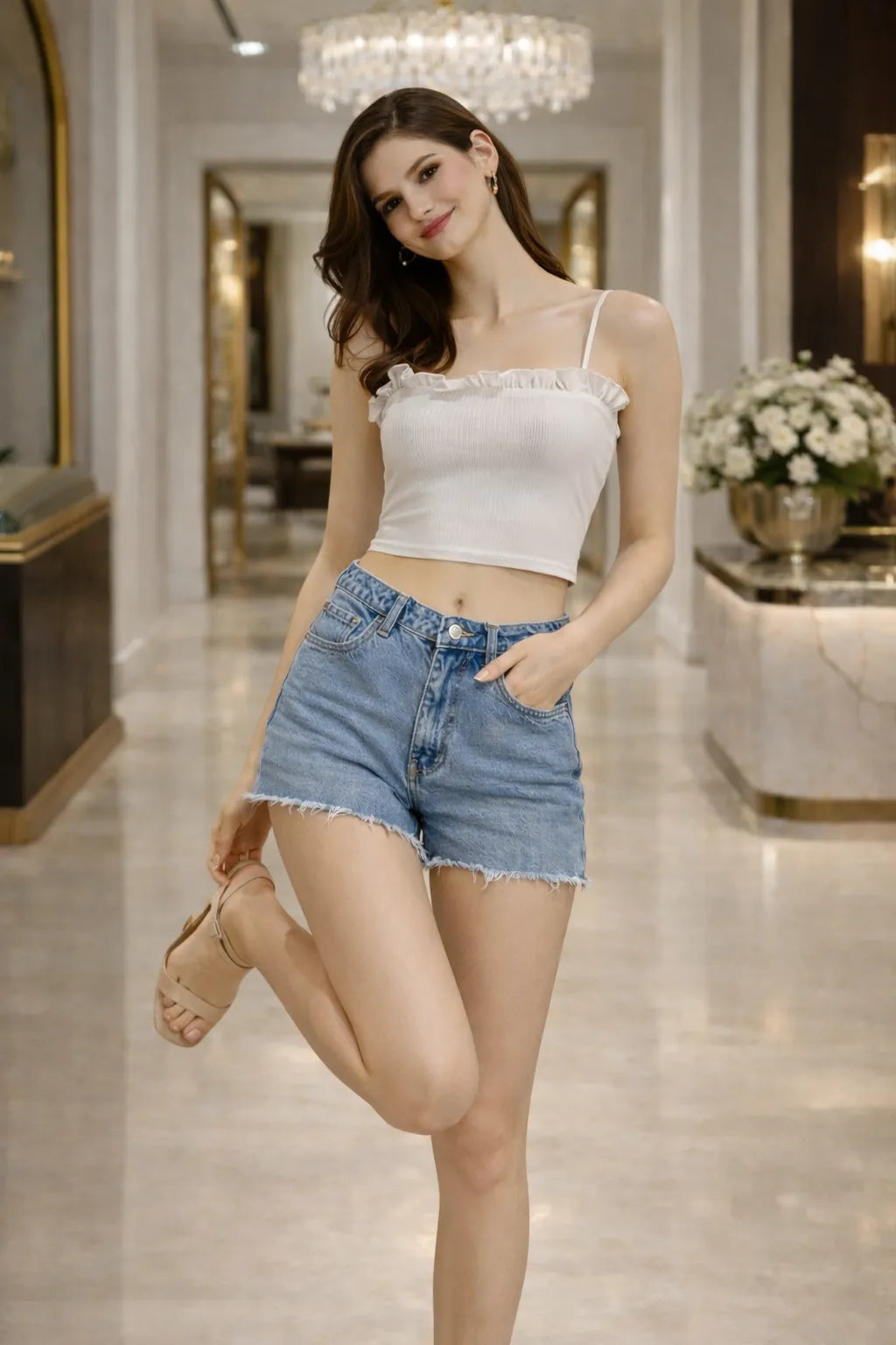 Ivory Ruffle Strap Crop Top