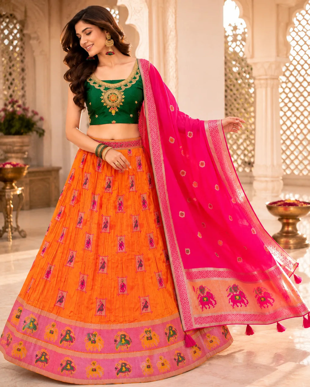 Kesari Gulabi Banarasi Lehenga